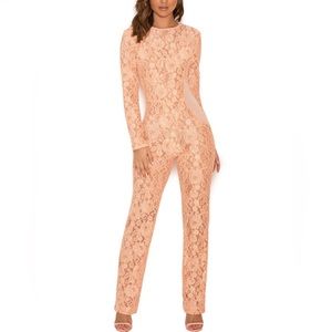 NWOT HOUSE of CB London Kenna Peach Lace Jumpsuit with Sheer Side Panel
